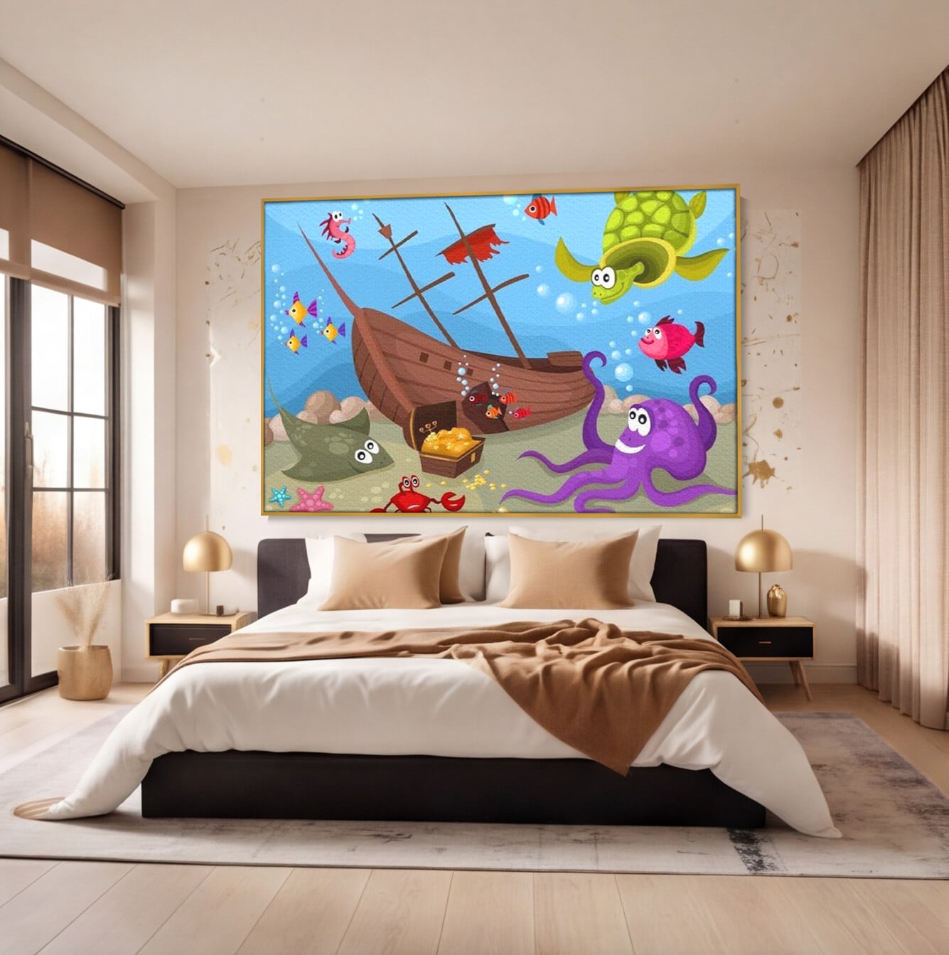 Tablou canvas cu ilustratie animata cu vietuitoare marine si epava, in rama de aluminiu auriu, pe perete intr-un dormitor